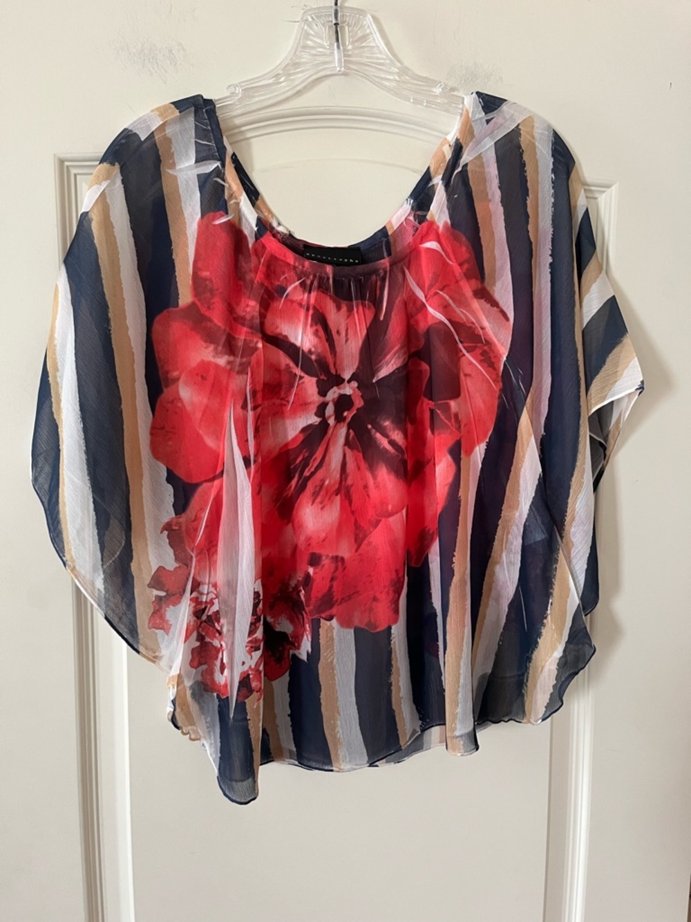 Apostrophe Sheer Dropped Shoulder Oversized Top with Red Floral Print Size S